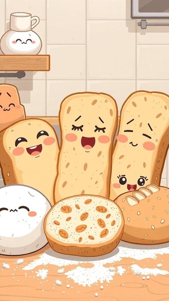 Humorous Bread Quotes for a Good Laugh A whimsical illustration of smiling bread loaves with humorous expressions in a kitchen.